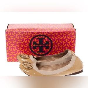 Tory Burch Beige Patent Leather Caroline Ballet Flats